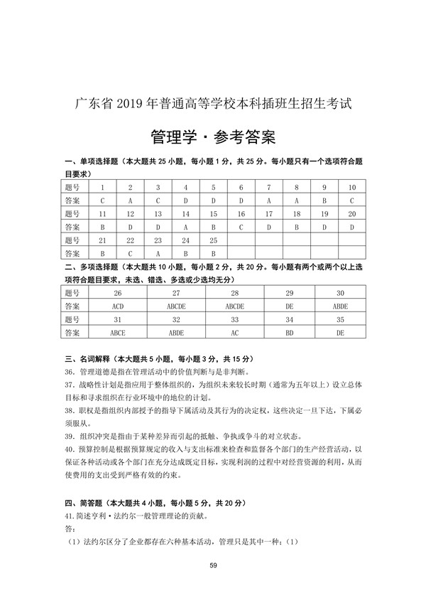 2019年广东专插本考试管理学真题答案