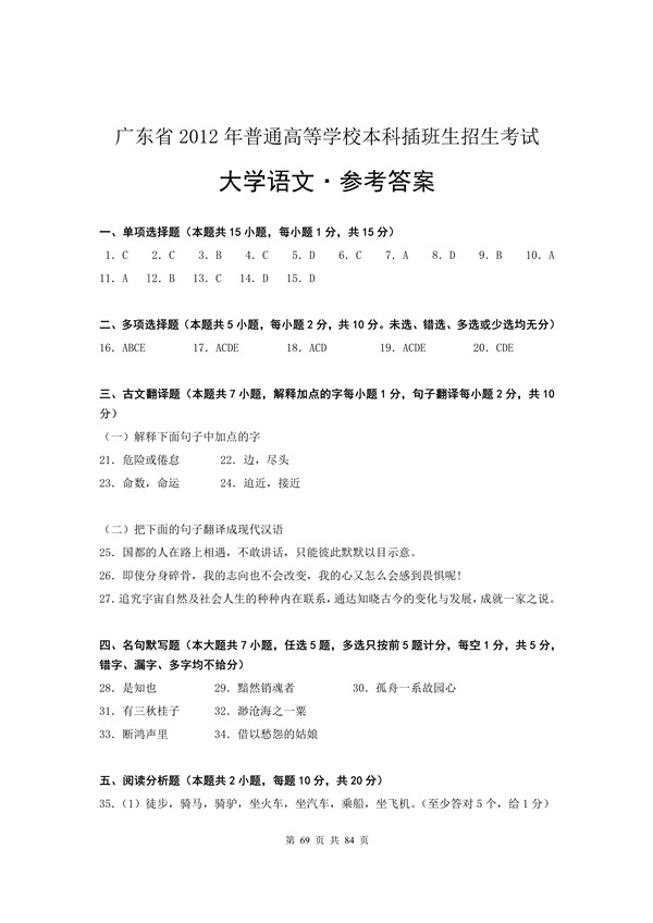 2012年广东专插本考试大学语文真题答案