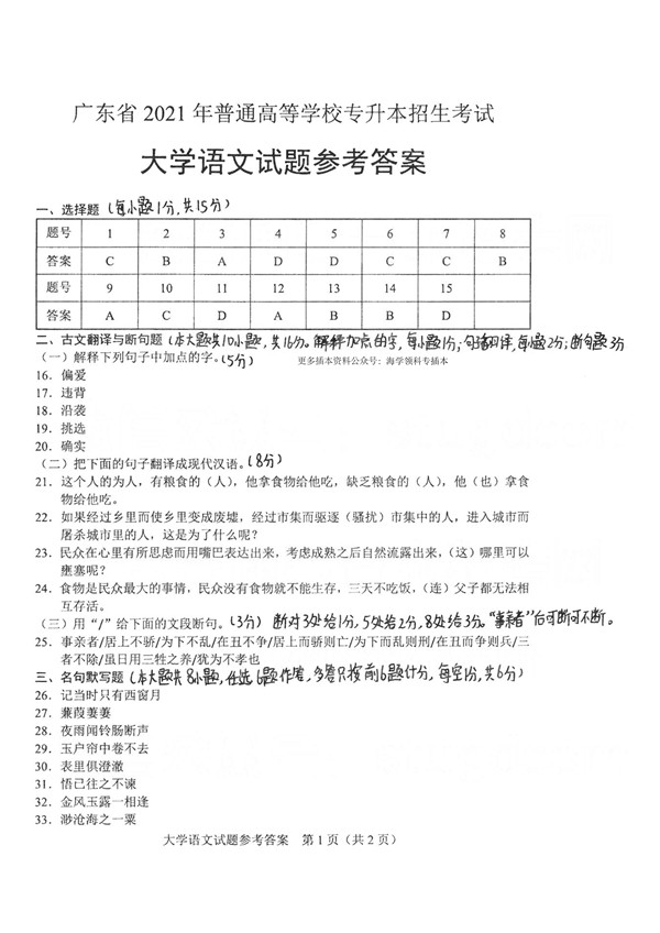 2021年广东专插本考试大学语文真题答案