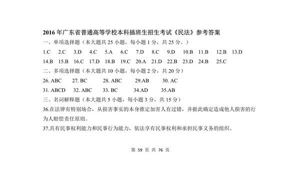 广东省2016年专插本招生考试《民法》真题答案