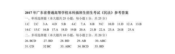 广东省2017年专插本招生考试《民法》真题答案